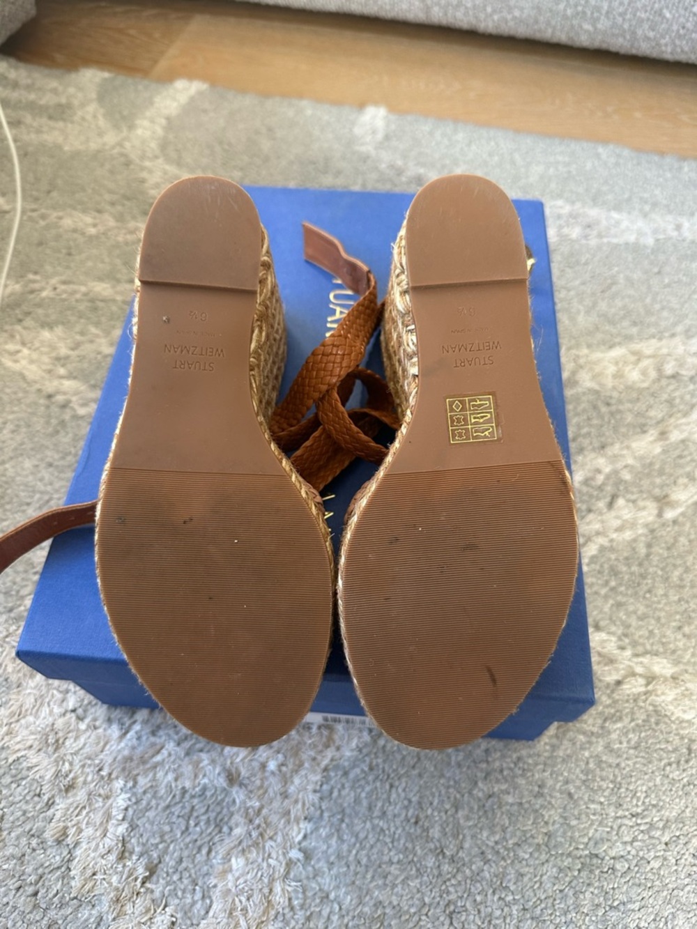 Stuart Weitzman Elise Brown, Tan & Cream Braided Wedge Sandals - Picture 3 of 9